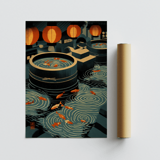 Japanese Koi Art Print laying flat next to a brown packaging tube showing koi fish and swirling water in dark tones