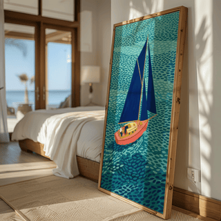 Print leaning on a wooden floor of a colourful sailboat with blue sails in a neat bedroom with a bed
