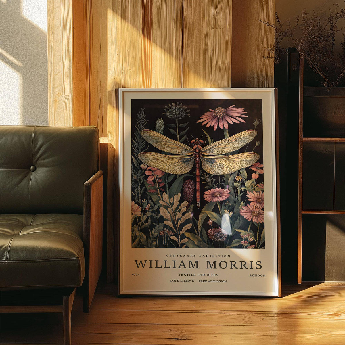 Framed Dragonfly Art Prints featuring a vintage botanical illustration with pink and green flowers leaning against wooden wall near a green