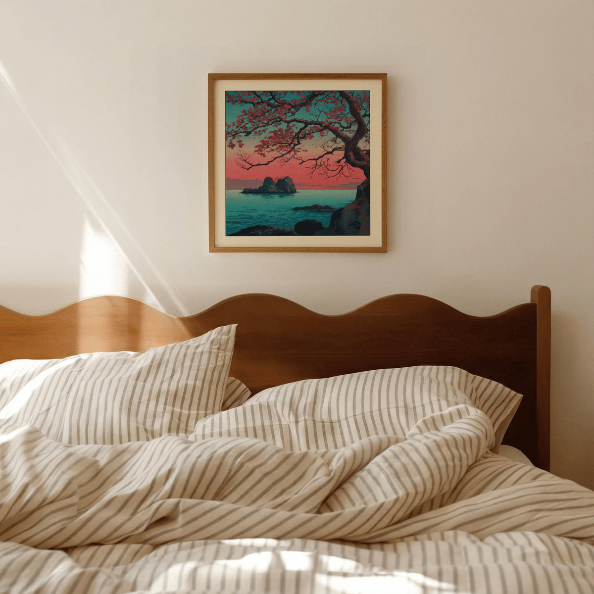 Hasui Kawase Sunset Seascape Print framed print of a red maple tree by the sea above a wooden bed