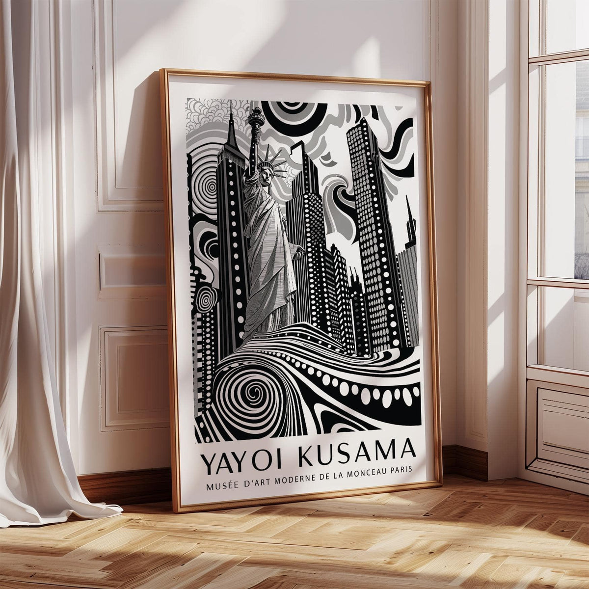 Framed New York Cityscape wall art with black and white abstract Statue of Liberty leaning on a wood floor near a window