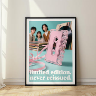 Framed Poster Vintage Music with a pink audio cassette and vinyl records leaning on a wall