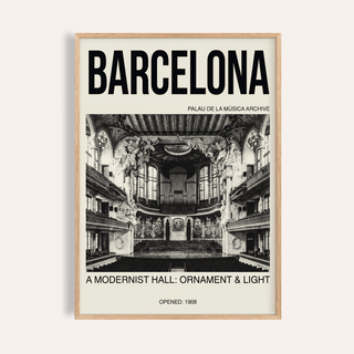 Barcelona Concert Hall Poster close-up showing monochrome modernist concert hall interior and bold typography