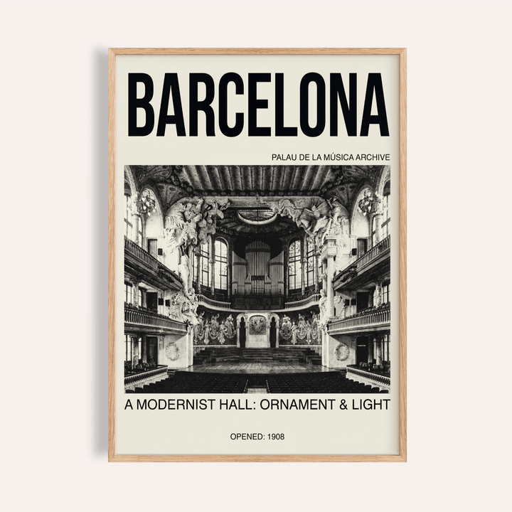 Barcelona Concert Hall Poster close-up showing monochrome modernist concert hall interior and bold typography