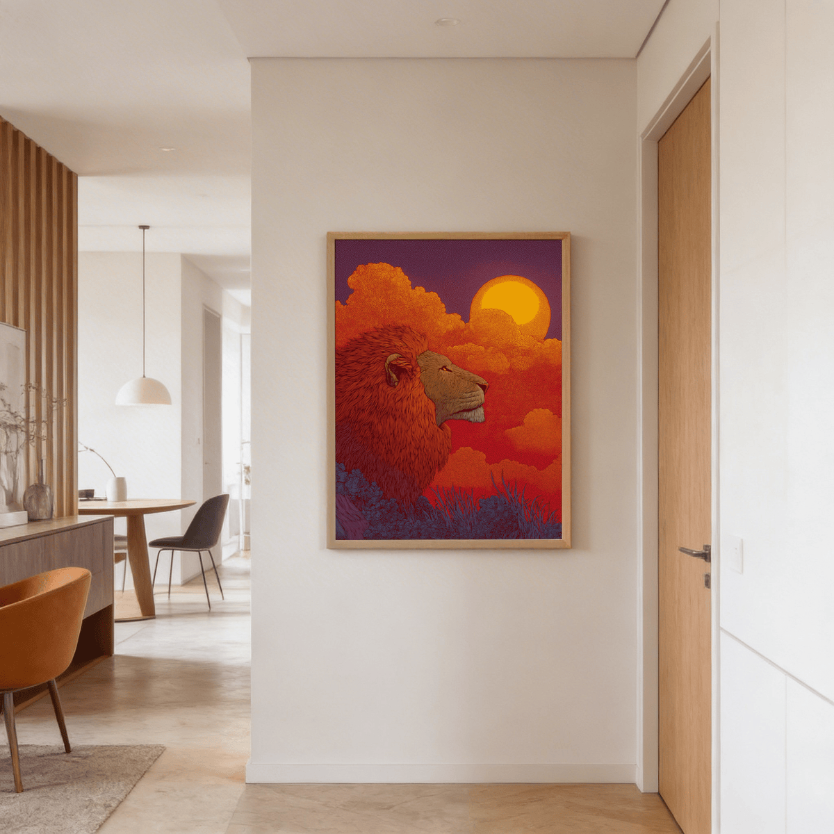 Lion Sunset Art Print hung in a hallway featuring a red lion profile with orange and purple sunset colours