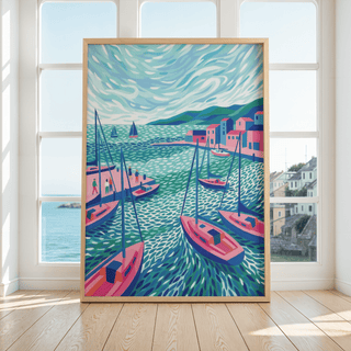 Sailboats wall art leaning against windows showing sea and buildings outside with pink and blue boats