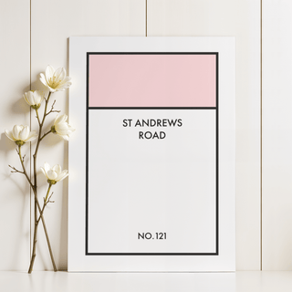 Street Name Family Personal leaning print with a pink block and black text beside white flowers