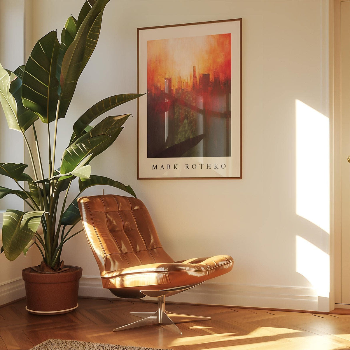 California wall art of a fiery city skyline framed on a bright wall above a brown leather chair with a tall green plant nearby