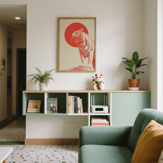 Bold Tiger Wall Art print on a living room wall above a shelf with plants and a cat figurine