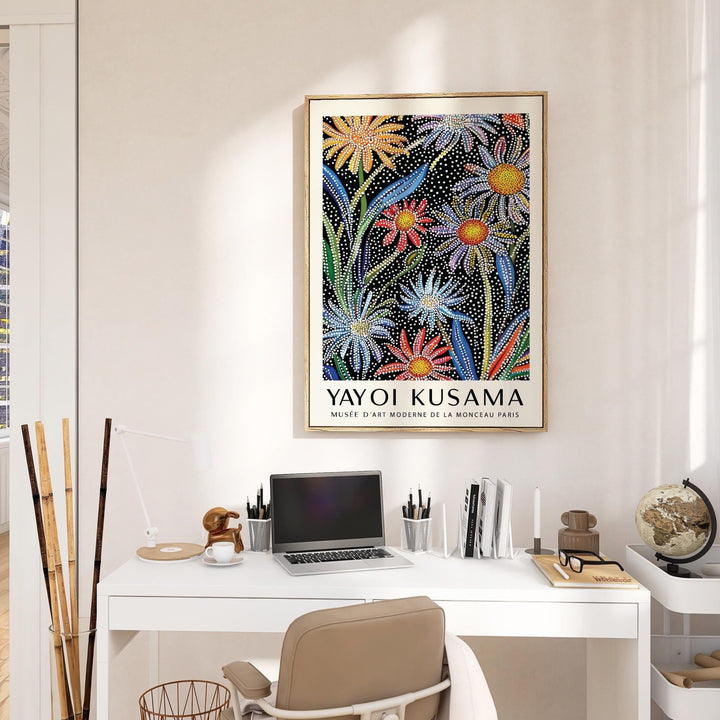 Floral Pop Art framed print close-up of daisies with bright dot patterns above a white desk