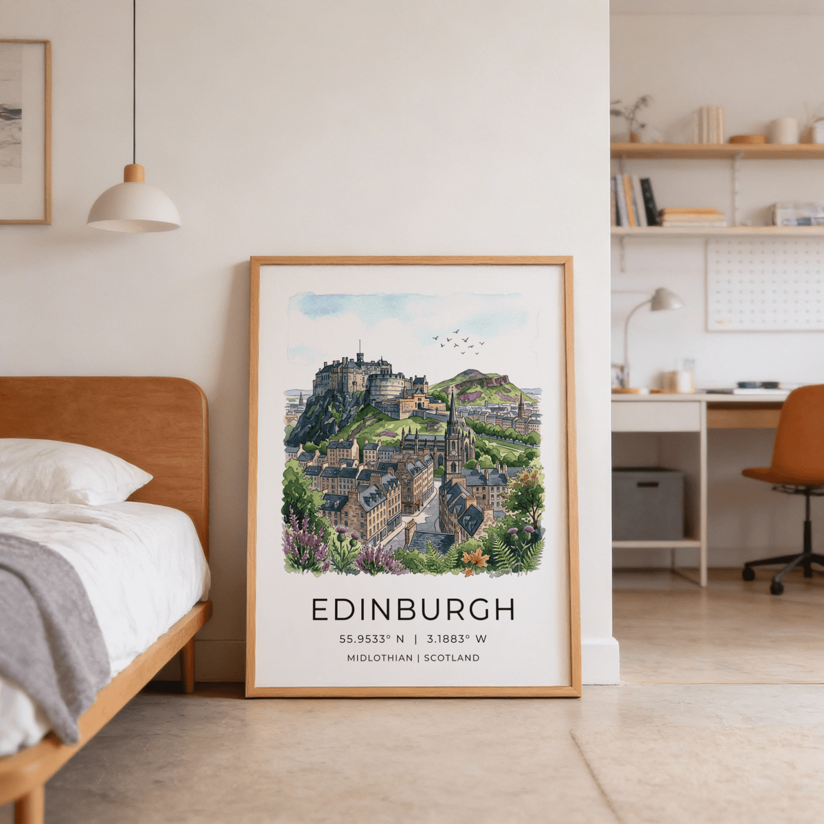 Print leaning on floor of Edinburgh Cityscape Art Print showing a watercolour Edinburgh castle landscape with green hills in a bedroom