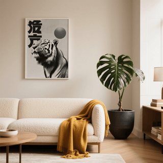 Black And White Tiger Print photographic minimalist tiger head in black white hanging above a cream sofa with a large leaf plant nearby