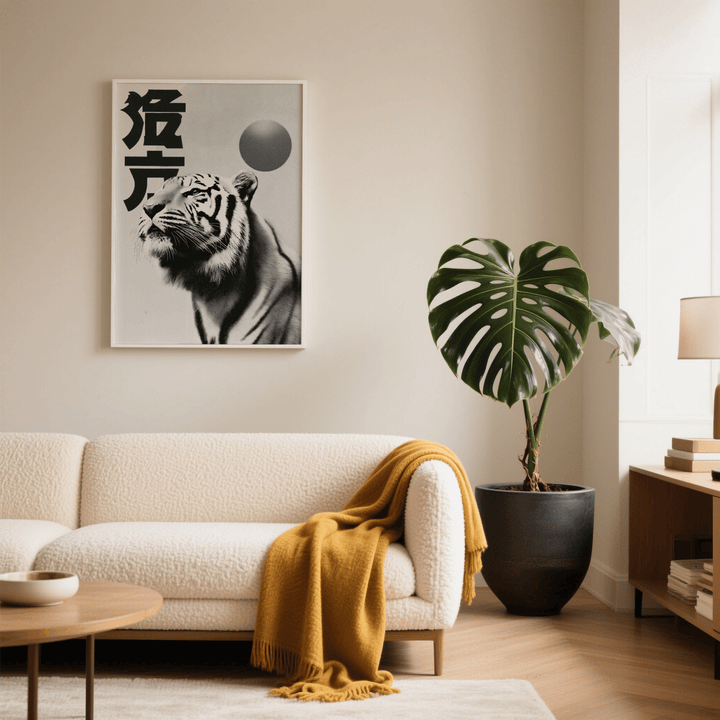 Black And White Tiger Print photographic minimalist tiger head in black white hanging above a cream sofa with a large leaf plant nearby