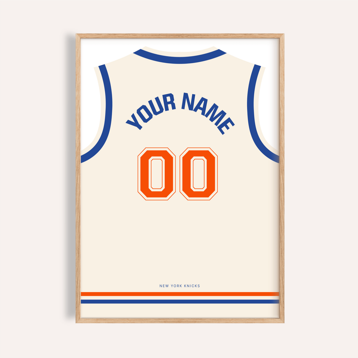 Framed basketball jersey poster in cream with an orange number and blue text