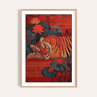Framed Indian Tiger wall art of a sleeping tiger with red and dark green lotus flowers