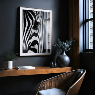 Wildlife photography poster zebra close-up in black and white hung above a wooden shelf with a plant