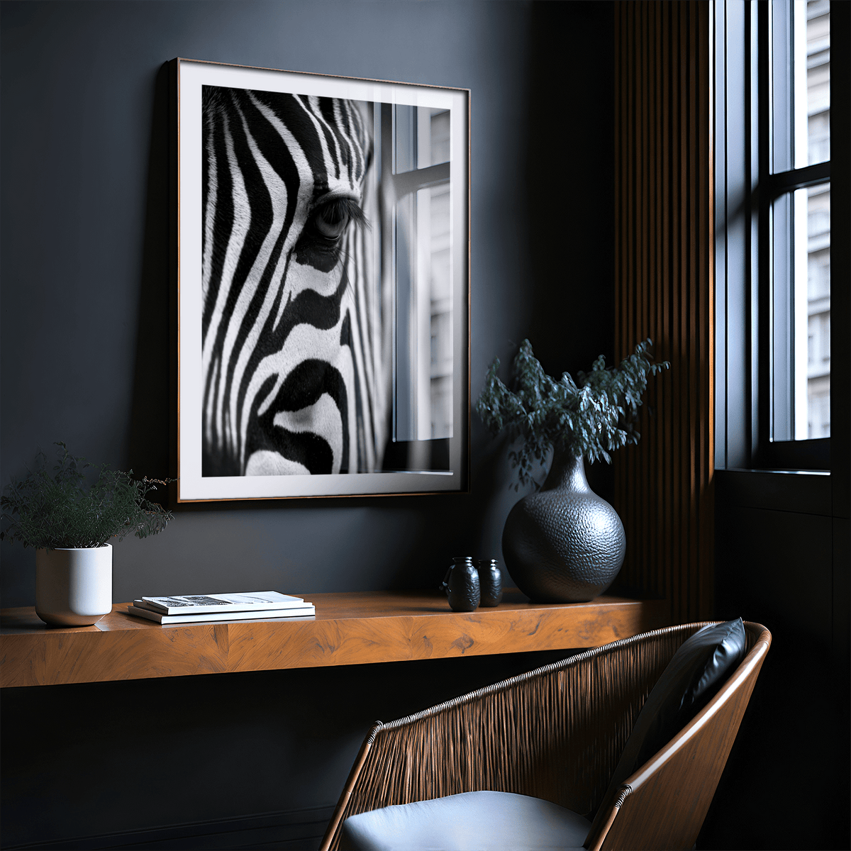 Wildlife photography poster zebra close-up in black and white hung above a wooden shelf with a plant