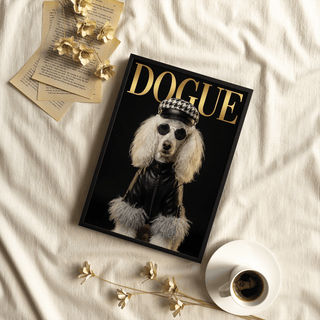 Framed Dog Fashion Print of a poodle in a leather jacket and hat with dried flowers and coffee