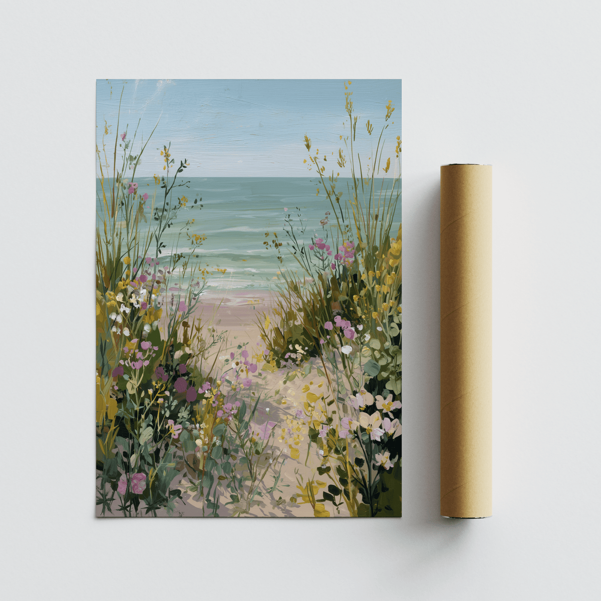 Beach Path Print rolled print with packaging tube showing a blue sea and botanical illustration style wildflowers