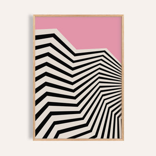Framed print of wavy wall art with black and white zigzag lines against pink background