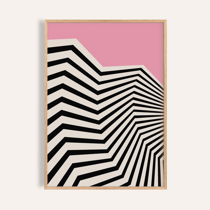 Framed print of wavy wall art with black and white zigzag lines against pink background