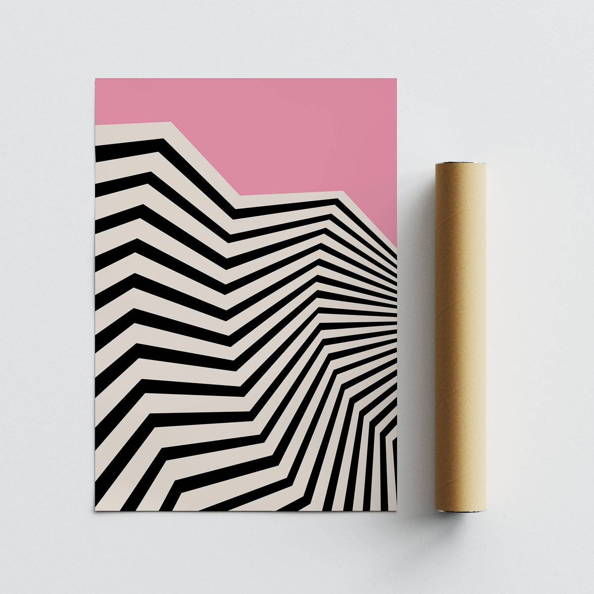 Wavy wall art of black and white zigzag pattern on a pink background with a packaging tube