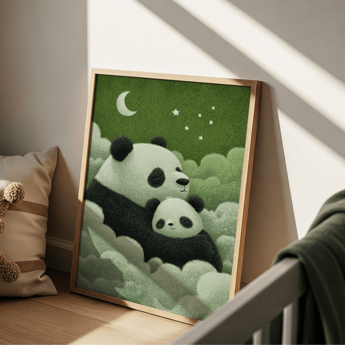 Framed Panda Nursery Decor print of a sleeping panda and cub with green clouds leaning on a floor by a cushion