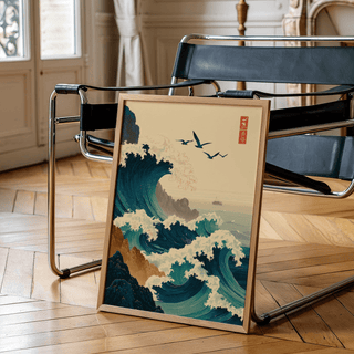Japanese Wave Art Print framed close-up showing ocean waves and birds leaning against a chair on wooden floor
