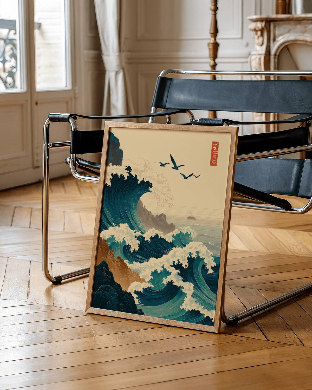 Japanese Wave Art Print framed close-up showing ocean waves and birds leaning against a chair on wooden floor