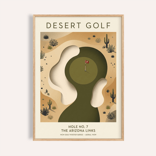 Framed Desert Golf Print showing minimalist illustration of hole 7 with green and sand colours