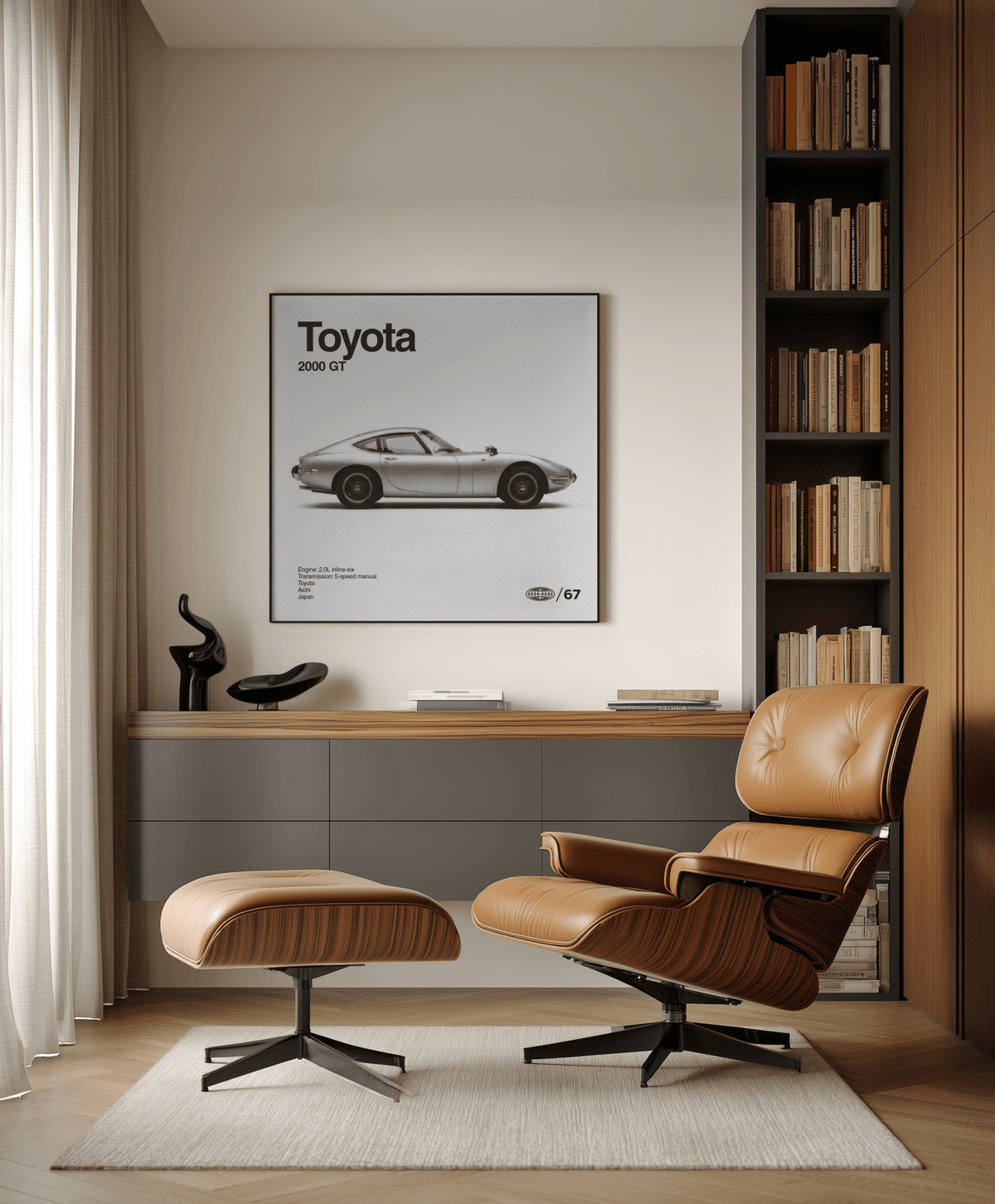 Classic Japanese Sports Car Poster in black and white shades, great for office or den wall art
