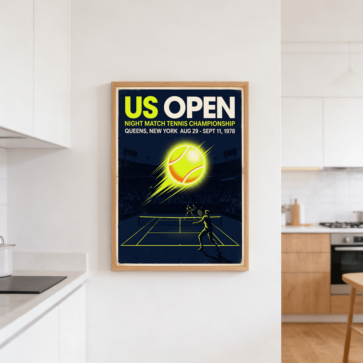 New York Tennis Championship Poster framed print of a retro tennis ball illustration in a kitchen