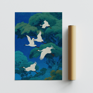 Bird art print of flying white cranes in japanese-ink style with green trees on blue background alongside a packaging tube