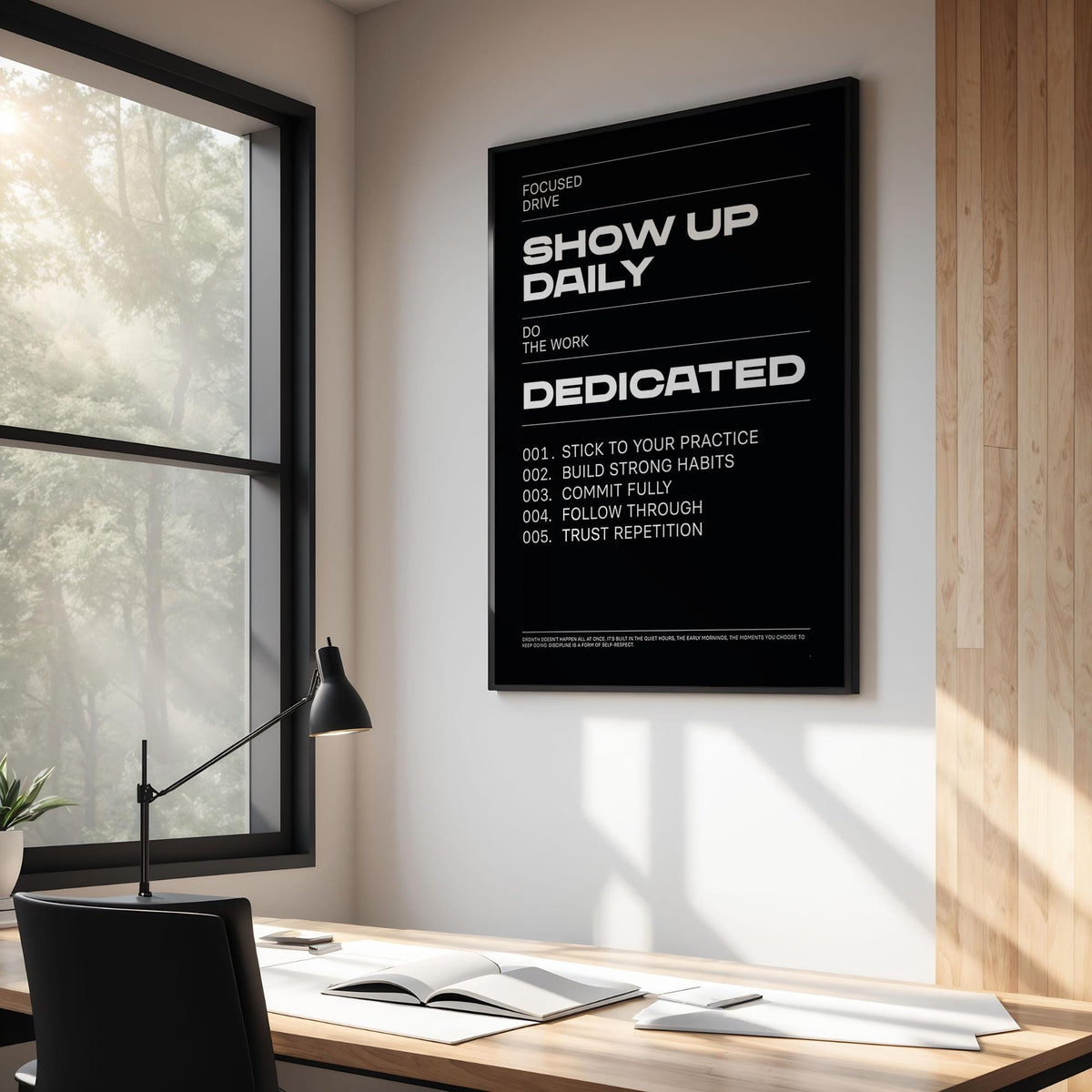 Wall Art Work framed print with white motivational text on black above a desk with a lamp