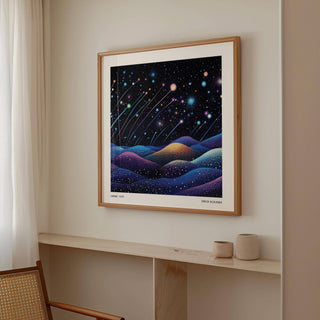 Gallery wall with galaxy wall art of cosmic shooting stars above a wooden shelf with vases