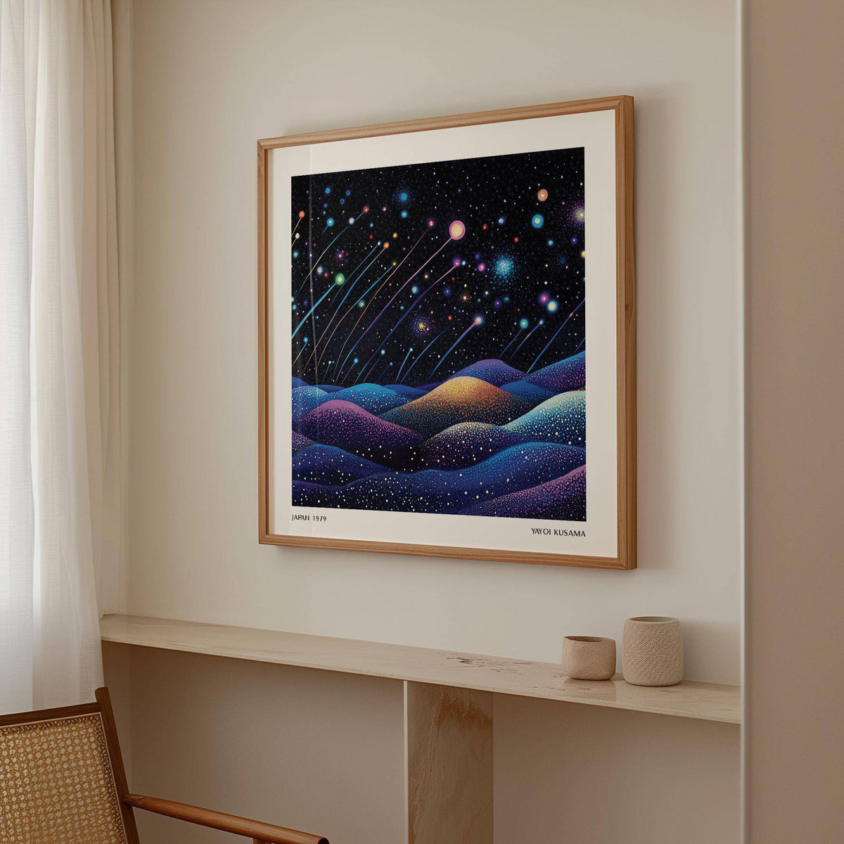 Gallery wall with galaxy wall art of cosmic shooting stars above a wooden shelf with vases