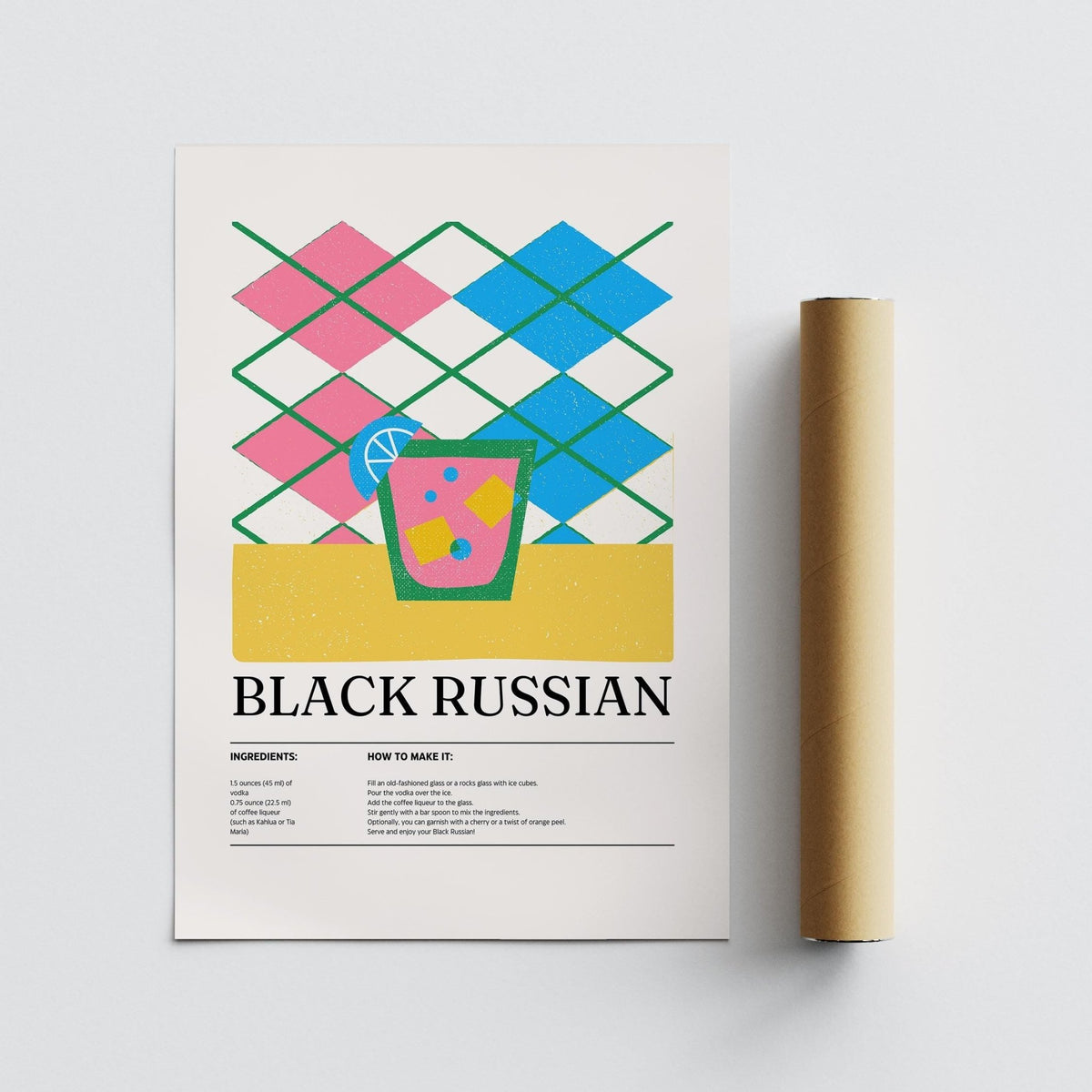 Home Bar Wall Art with a Black Russian cocktail illustration and a packaging tube on a grey surface