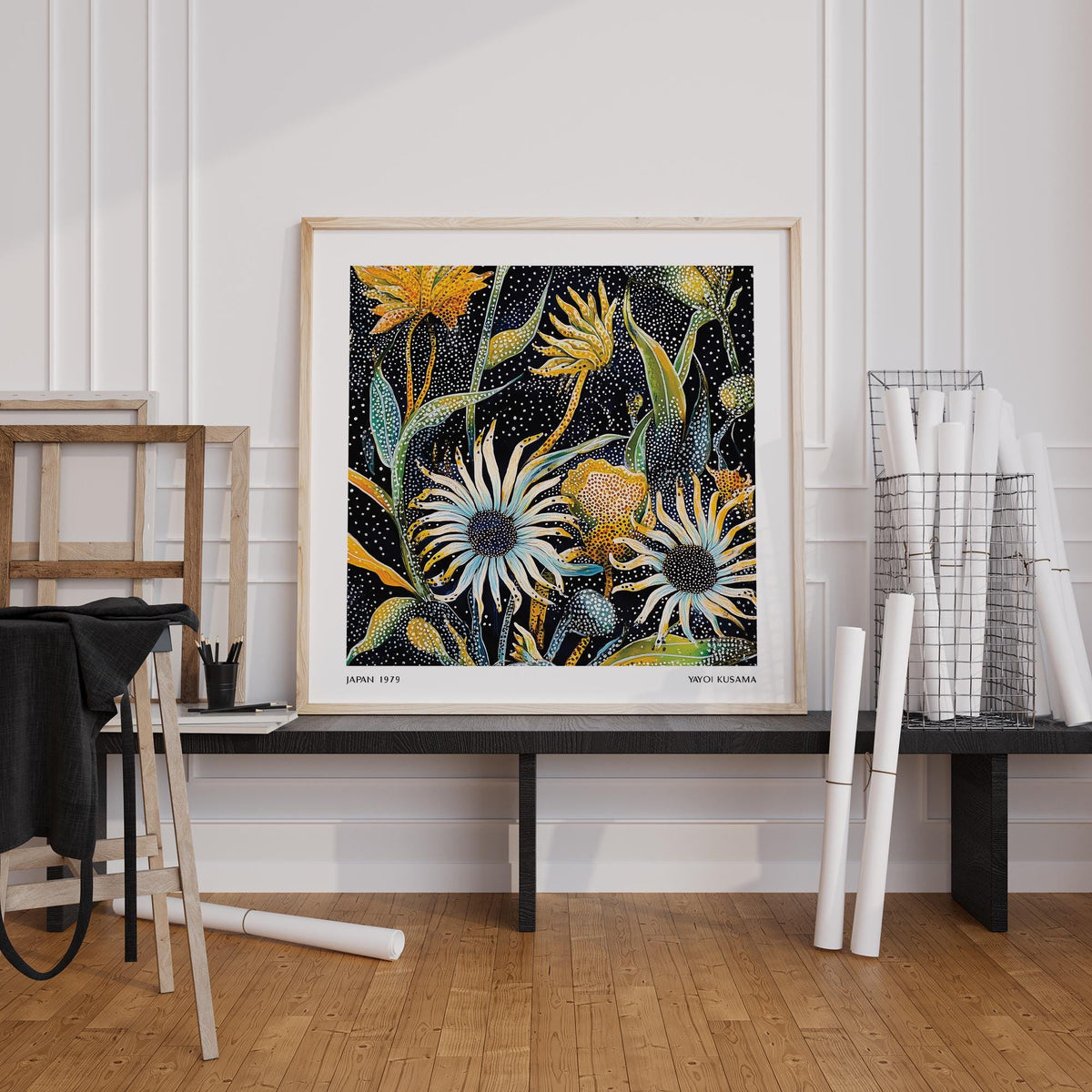 Abstract art floral print with dotted flowers in yellow green and white leaning on a black bench with wire basket