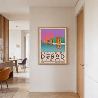 Templo De Debod art print with pink and turquoise tones on a pale wall in a hallway