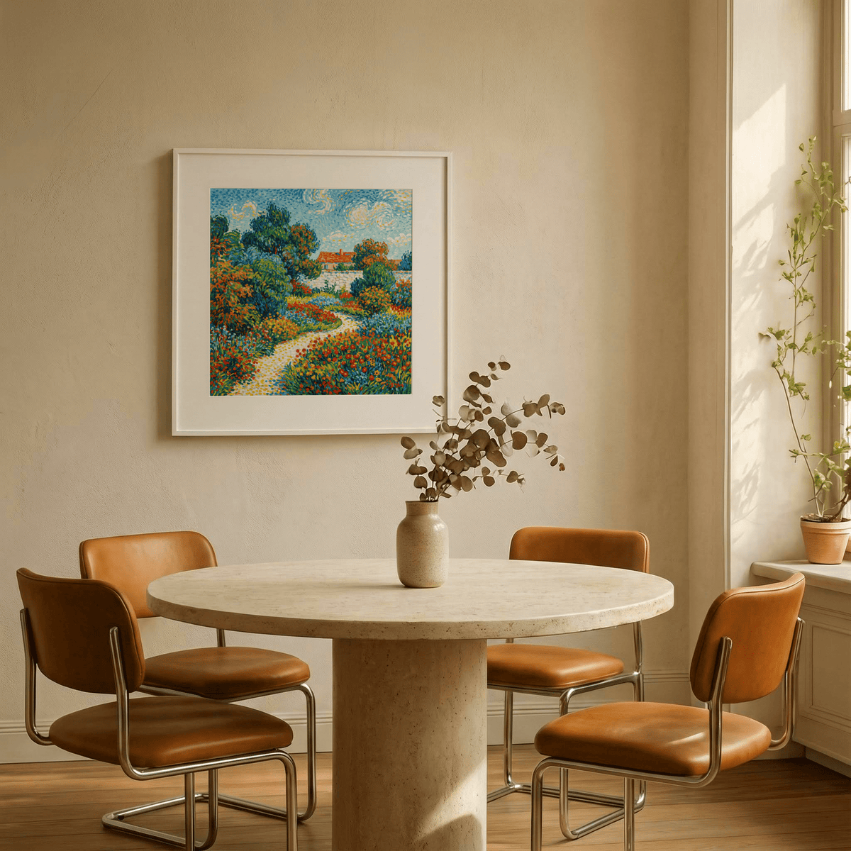 Framed Colorful Flower Garden Print of a winding path with trees and flowers in earth tones above a round dining table