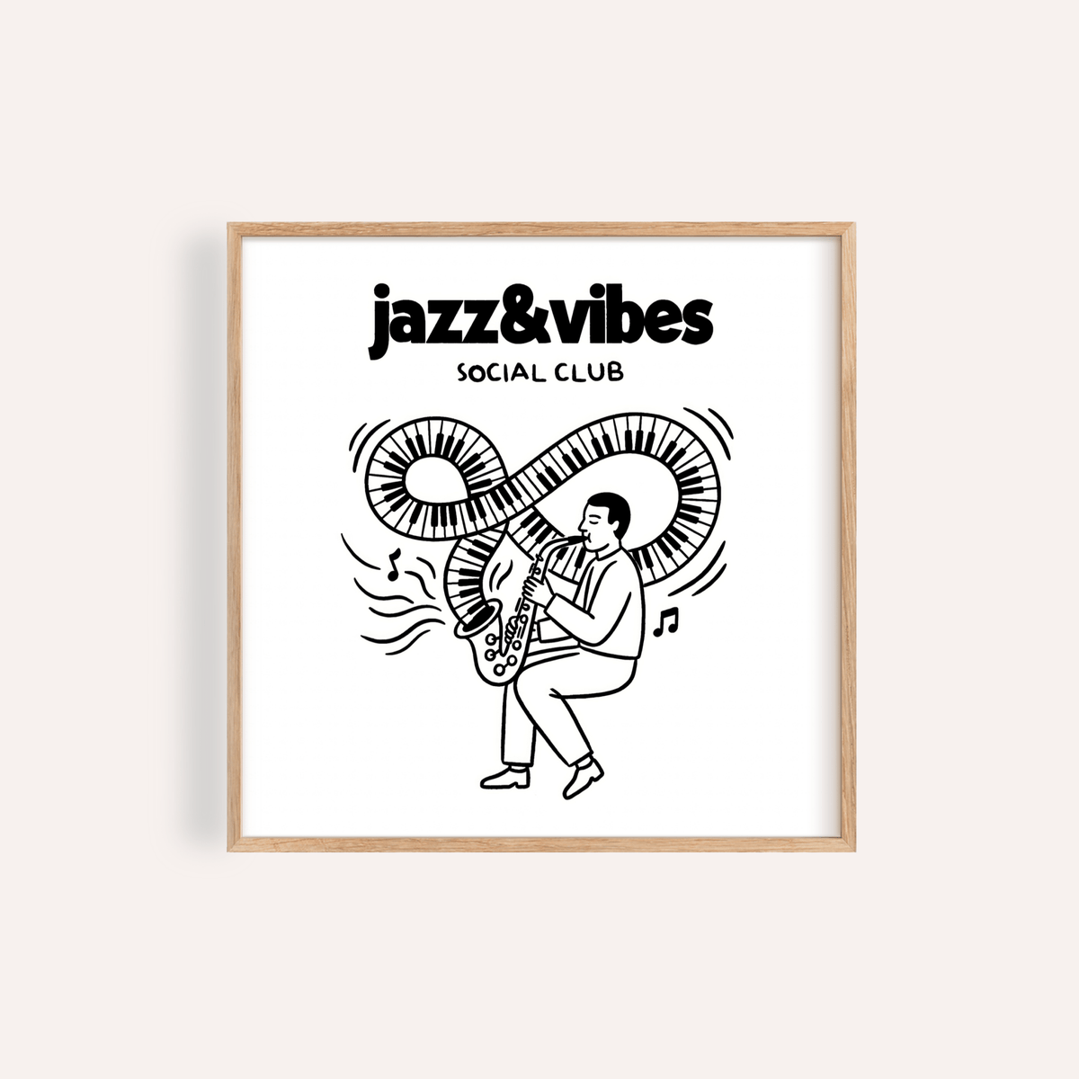 Framed Jazz Social Club Art Print line-art of man playing saxophone with piano keys swirl