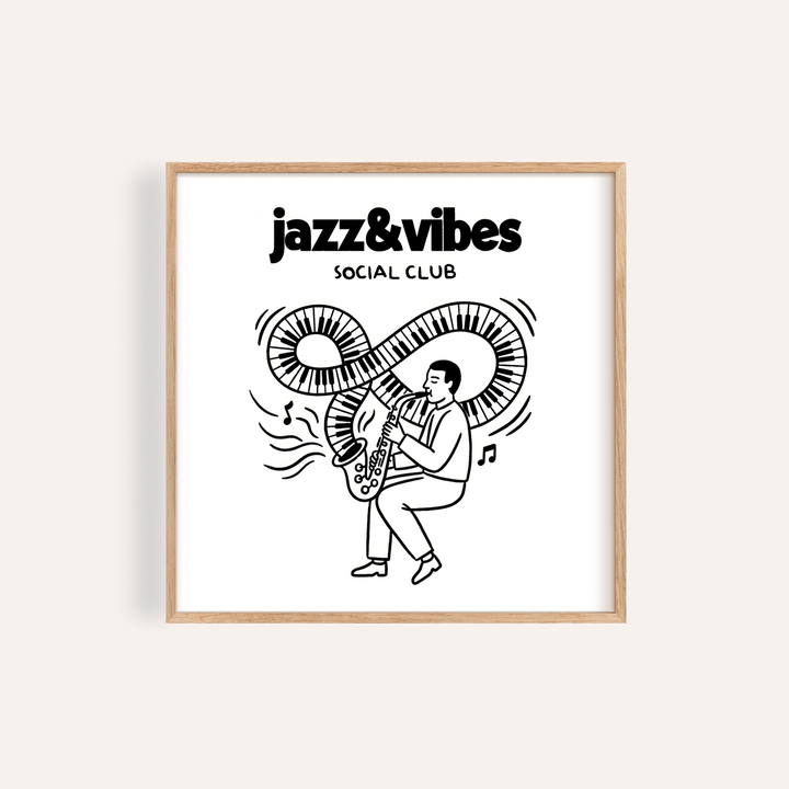 Framed Jazz Social Club Art Print line-art of man playing saxophone with piano keys swirl