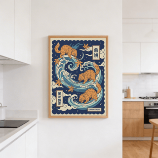 Kamaitachi art framed print of three orange creatures with blue waves in a white kitchen