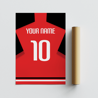 Rolled print of red football shirt poster with white number 10 and personalised text Your Name