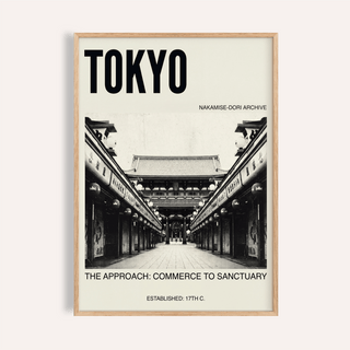 Framed Nakamise Dori art print showing a black and white photograph of a street with shops and large text TOKYO
