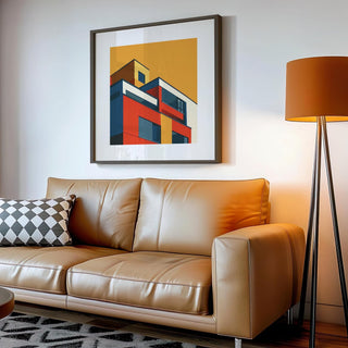 Art for the Office modernist building wall art in bold colours above a tan leather sofa with a patterned cushion