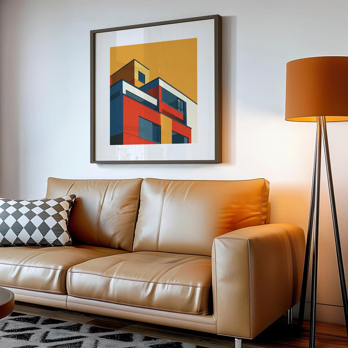Art for the Office modernist building wall art in bold colours above a tan leather sofa with a patterned cushion
