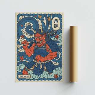 Japanese Oni Mask print with red demon and blue armour leaning beside a packaging tube