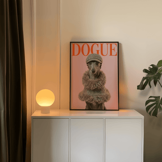 Print of a dressed up dog wearing tweed hat and collar leaning on a white cabinet near a round lamp