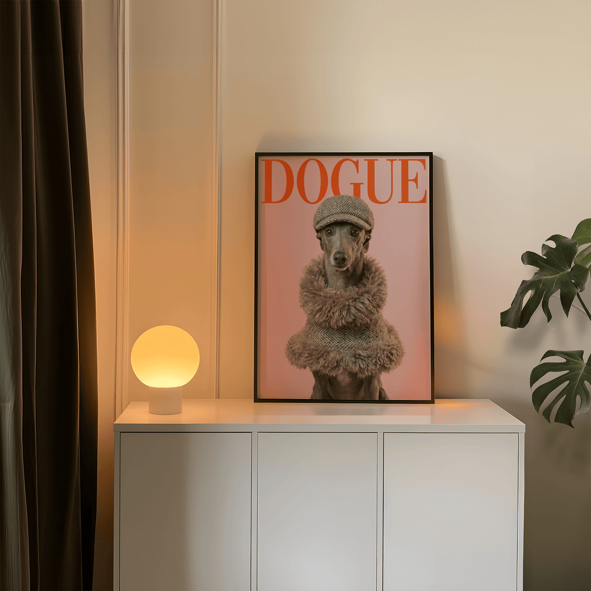 Print of a dressed up dog wearing tweed hat and collar leaning on a white cabinet near a round lamp